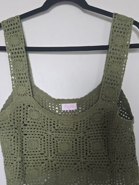 Pink Lily Olive Green Crochet Tank Top with Square Stitching